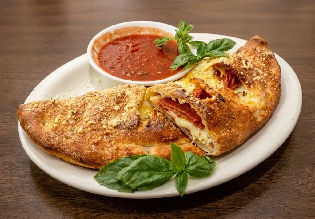 A baked calzone split open, cheese pulling