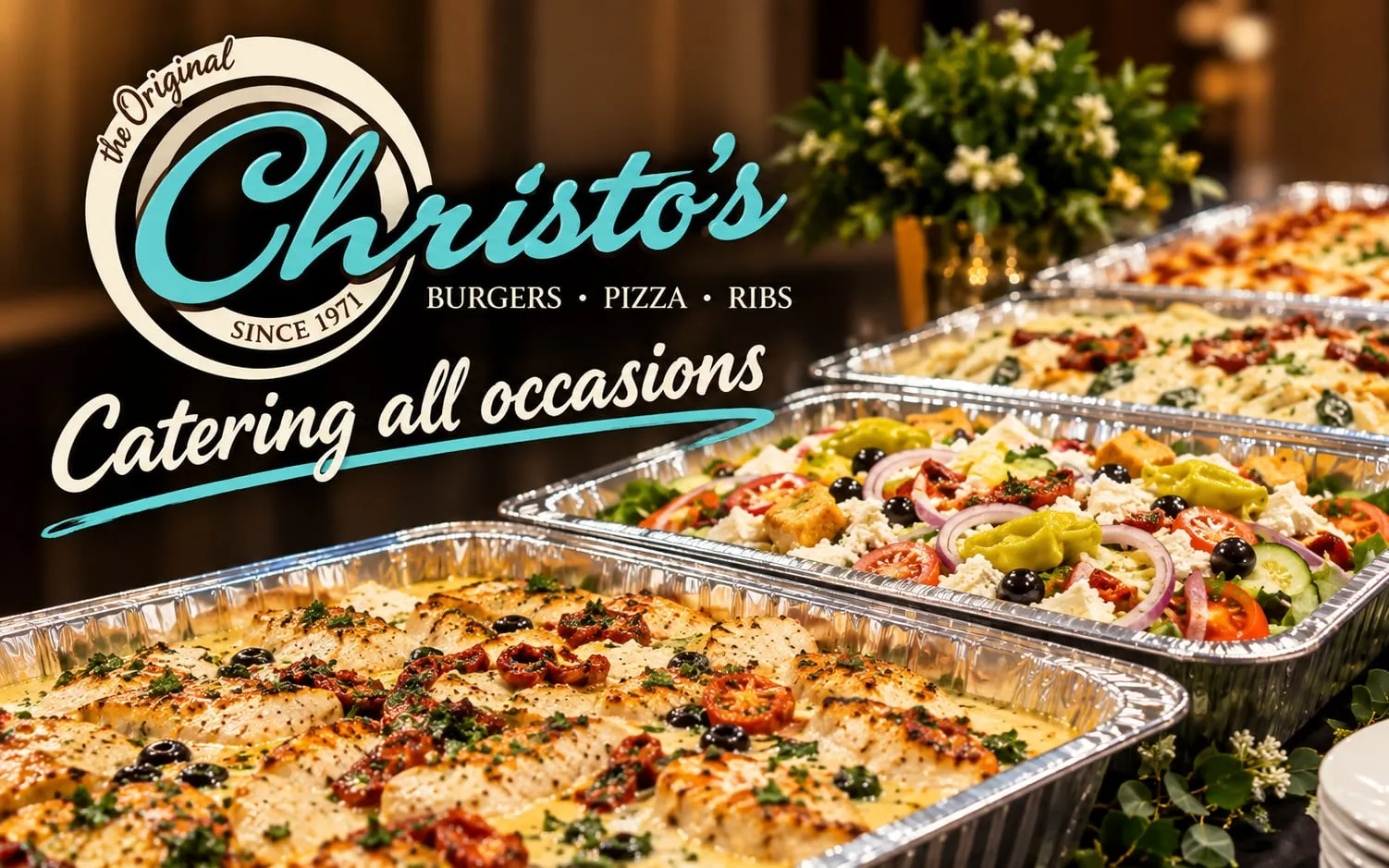Catering all occasions: foil pans of chicken, pasta and Greek salad down a long table under the Christo's logo