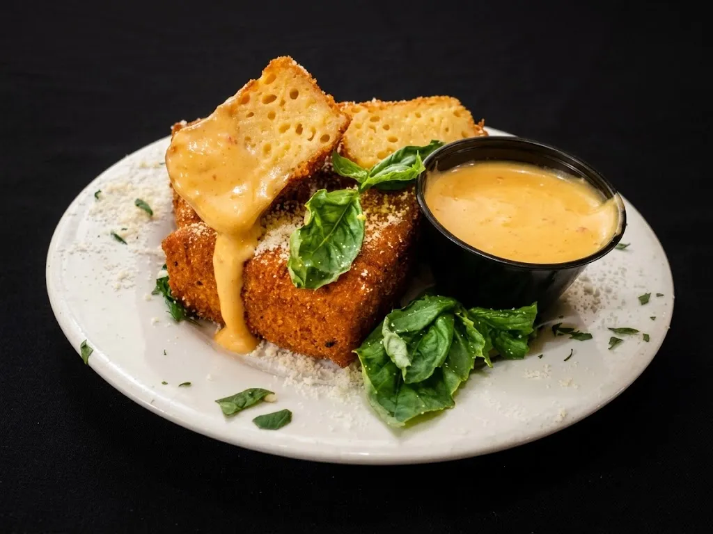 Fried mac and cheese wedges, golden and crisp