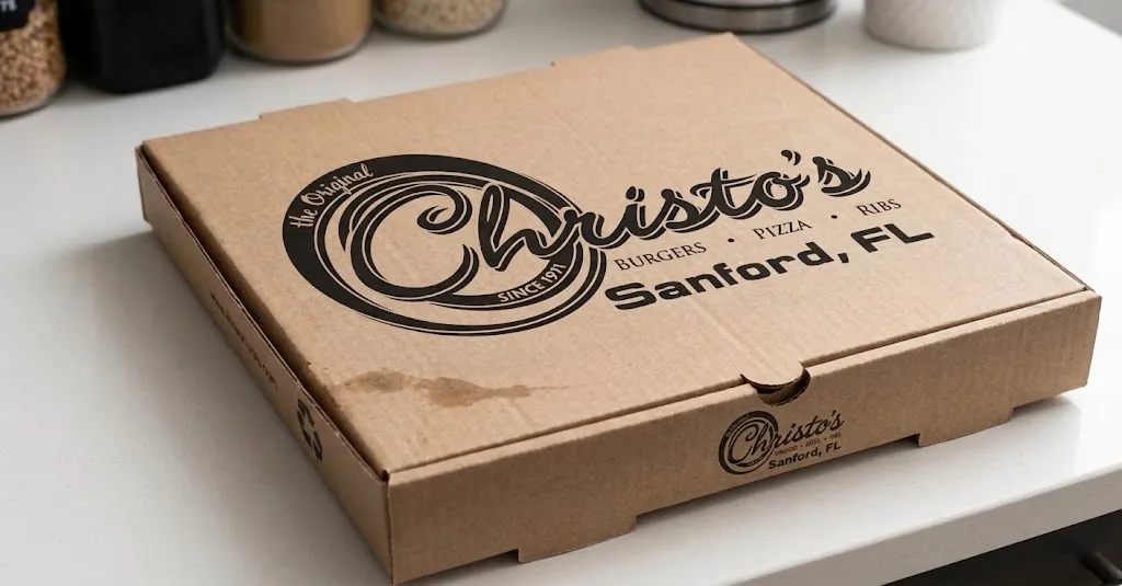 A Christo's to-go pizza box, Sanford FL stamped on the lid